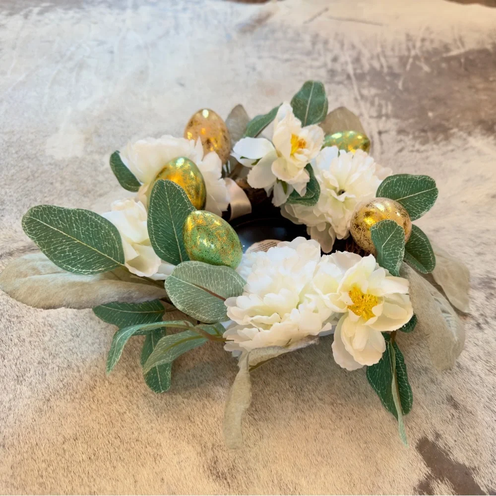 Spring Wreath or Candle Ring Centerpiece Greenery & Pastel Easter Eggs & Flowers